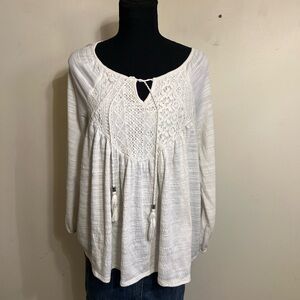 Faded Glory White Crochet Yoke Boho Peasant Blouse - Women